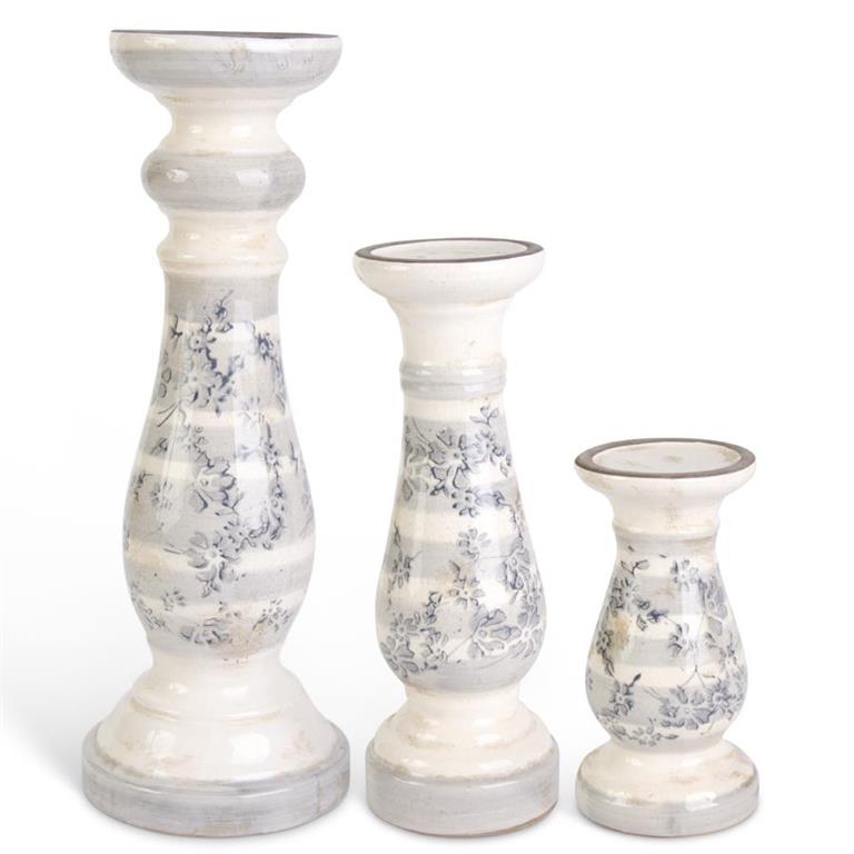 Ceramic Cream Crackle w/Gray Floral Candleholder