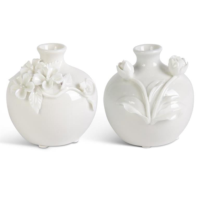 Assorted Short White Ceramic Vase w/Raised Flowers