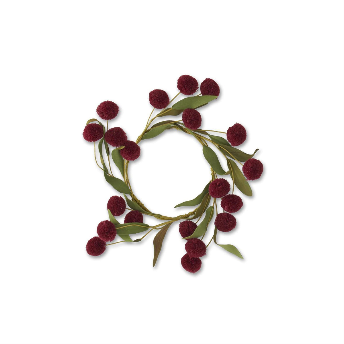 8.5 Inch Burgundy Pompom w/Green Eva Leaves Candle Ring