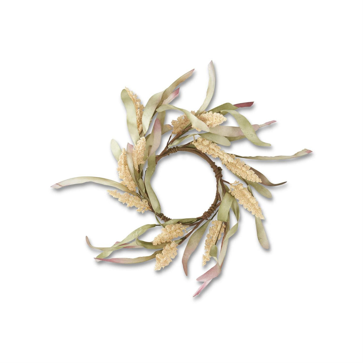 15 Inch Cream Rice Candle Ring w/Green & Burgundy Eva Leaves
