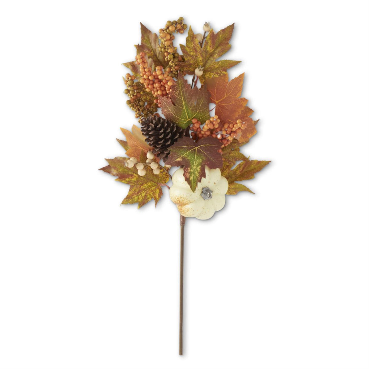 24 Inch Fall Leaf & Berry Stem w/White Pumpkin