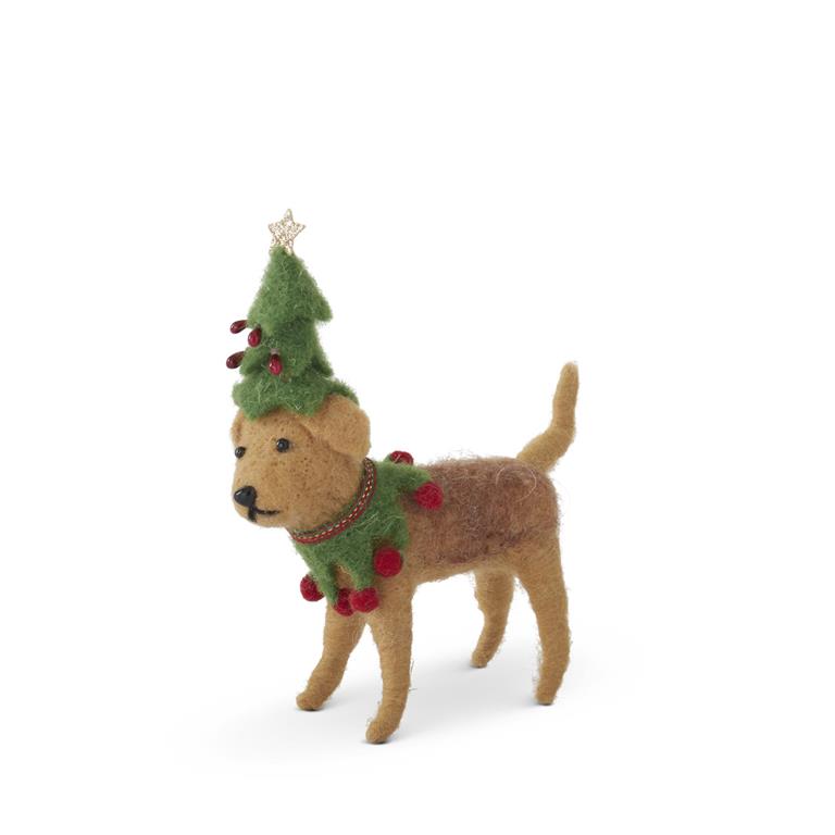 6 Inch Brown Wool Dog W/Tree Hat