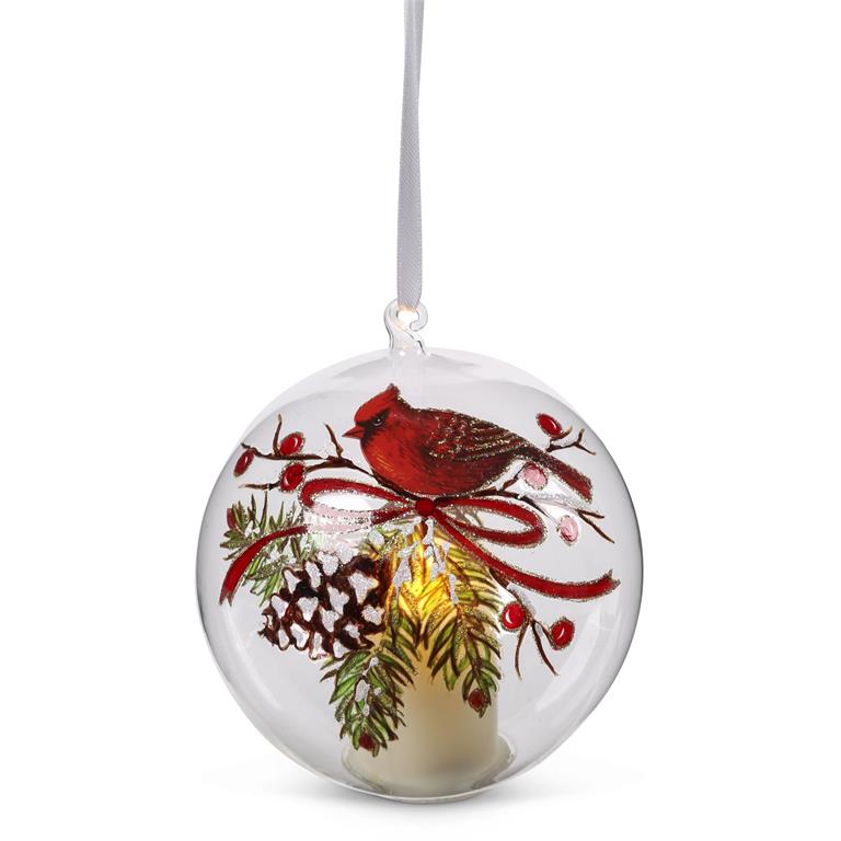 4.75 Inch LED Clear Glass Cardinal & Pinecone Orn