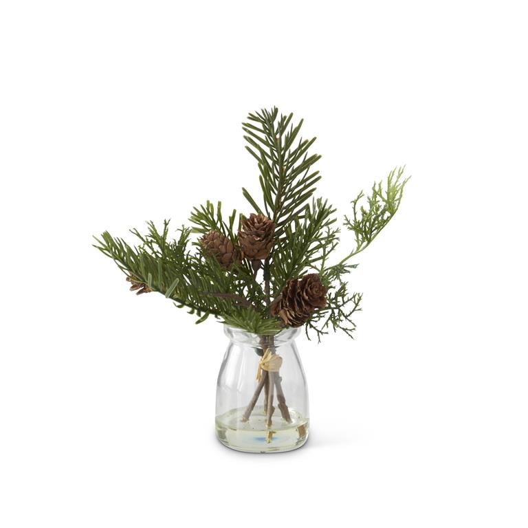 8 Inch Pine Sprig w/Mini Pinecone in Glass Vase