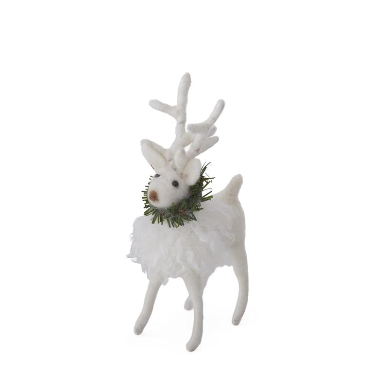 6 Inch White Wool Deer w/Pine Wreath