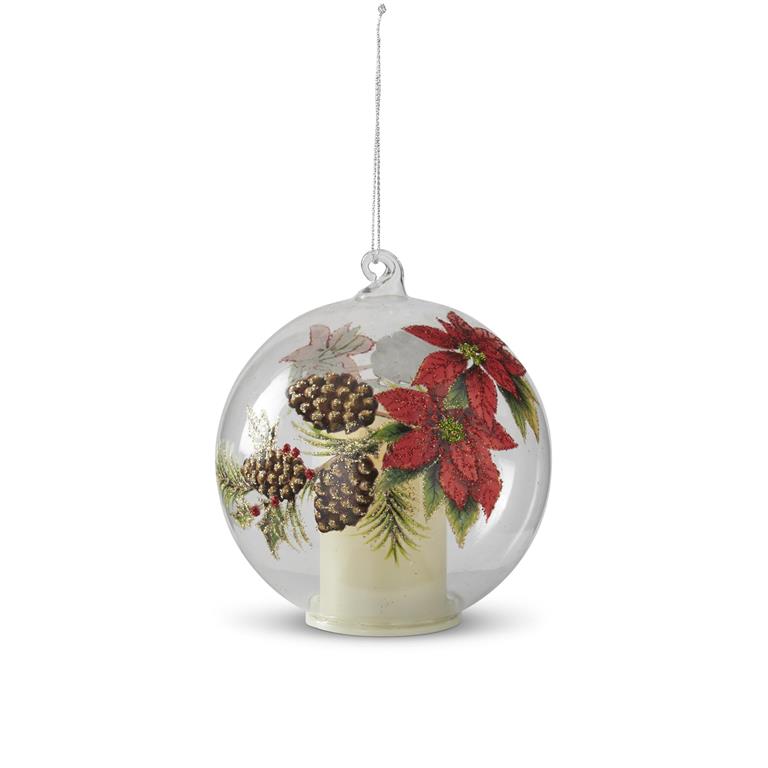 4 Inch LED Clear Glass Poinsettia & Pinecone Orn