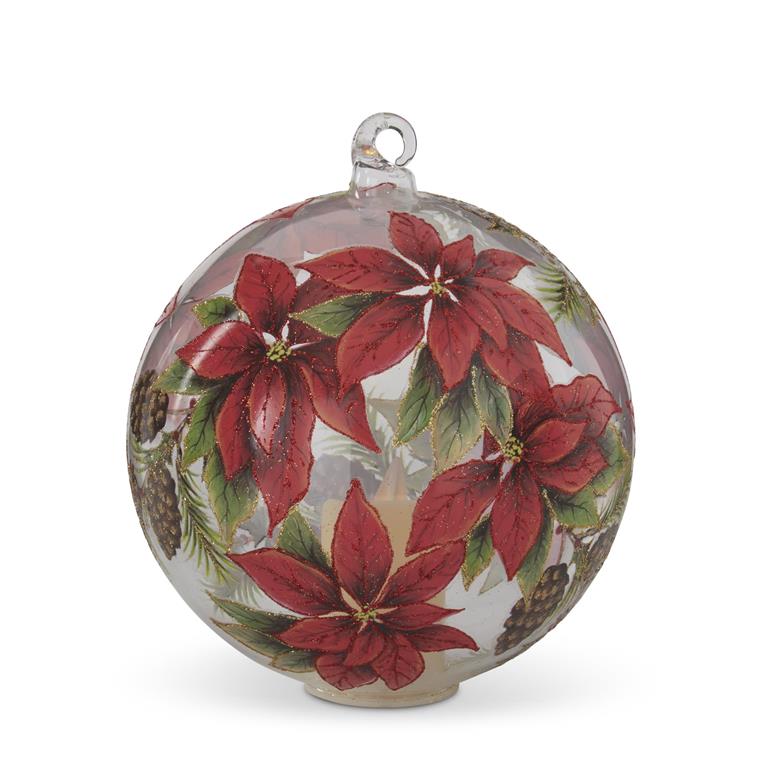 6 Inch LED Clear Glass Poinsettia & Pinecone Orn