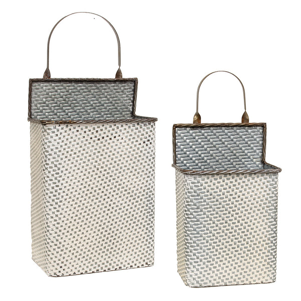 Small White Washed Basketweave Metal Rectangle Wall Basket