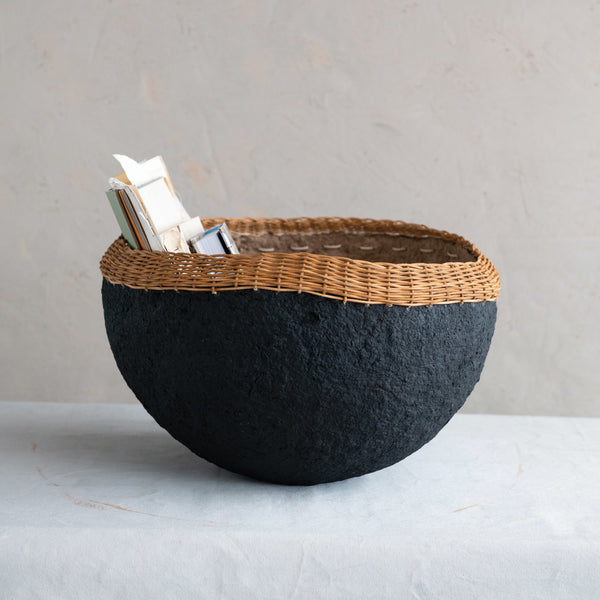 Handmade Paper Mache Bowl w/Wicker Rim