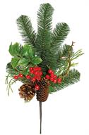 FRESH CUT PINE PICK W/RED BERRIES CLUSTERS & CONES 16"