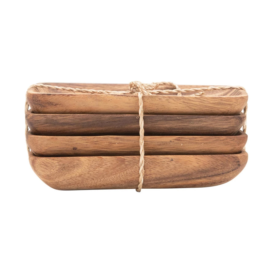 Acacia Wood Trays with Seagrass Tie, Set of 4