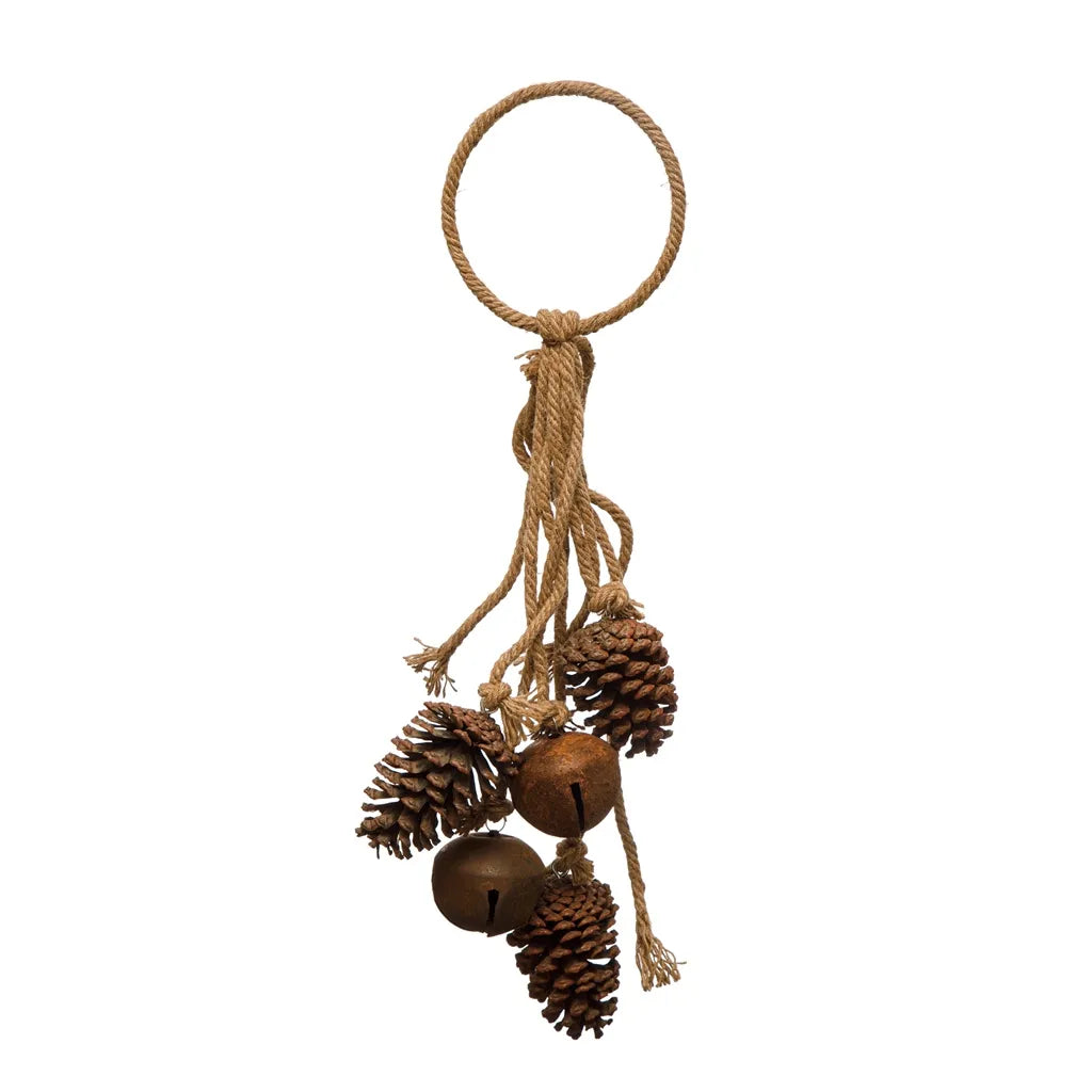 23-1/4"H Jute Rope Door Hanger w/ 2 Jingle Bells & Natural Pinecones, Rust Color