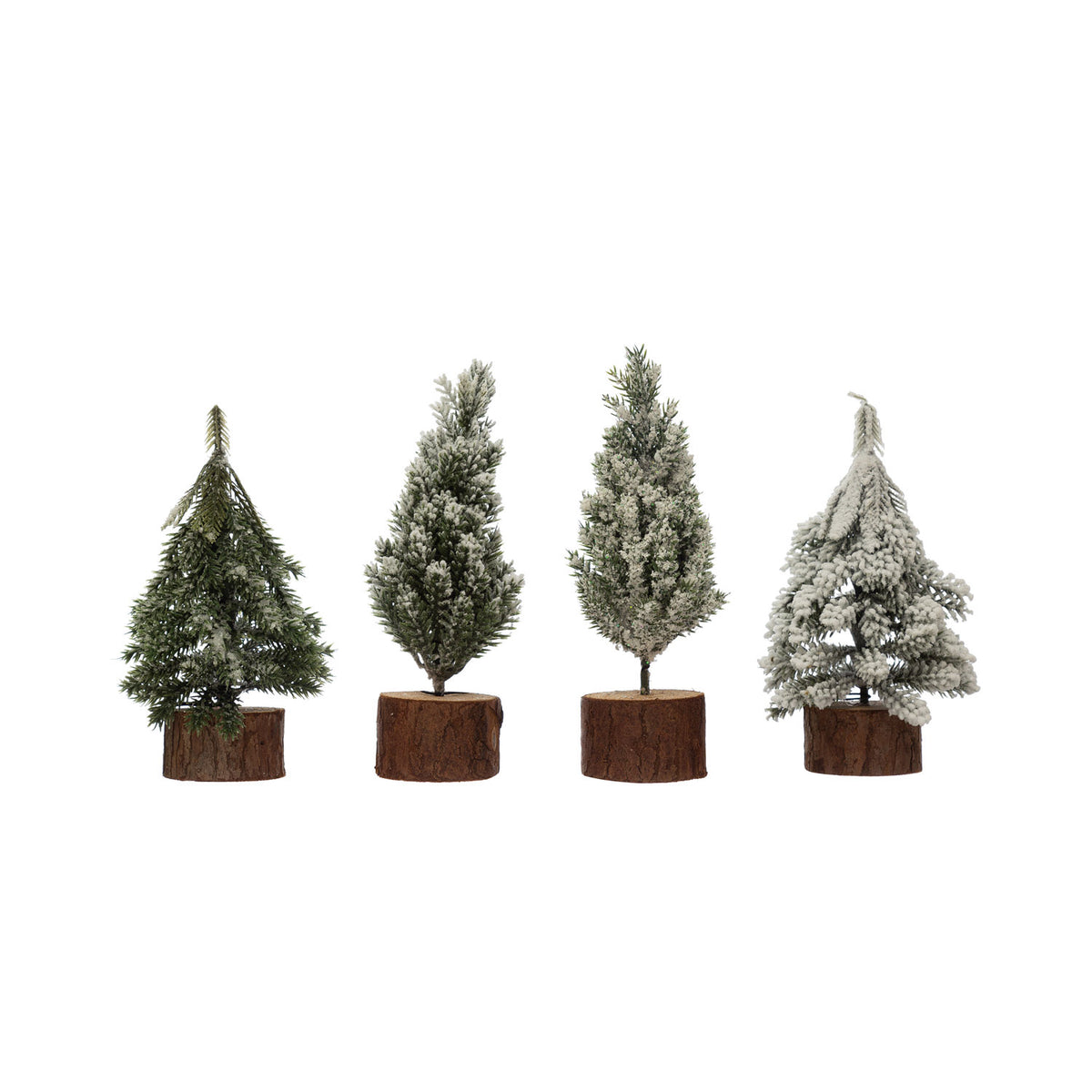 5-3/4"H - 6-3/4"H Faux Pine Tree with Wood Slice Base, Snow Finish