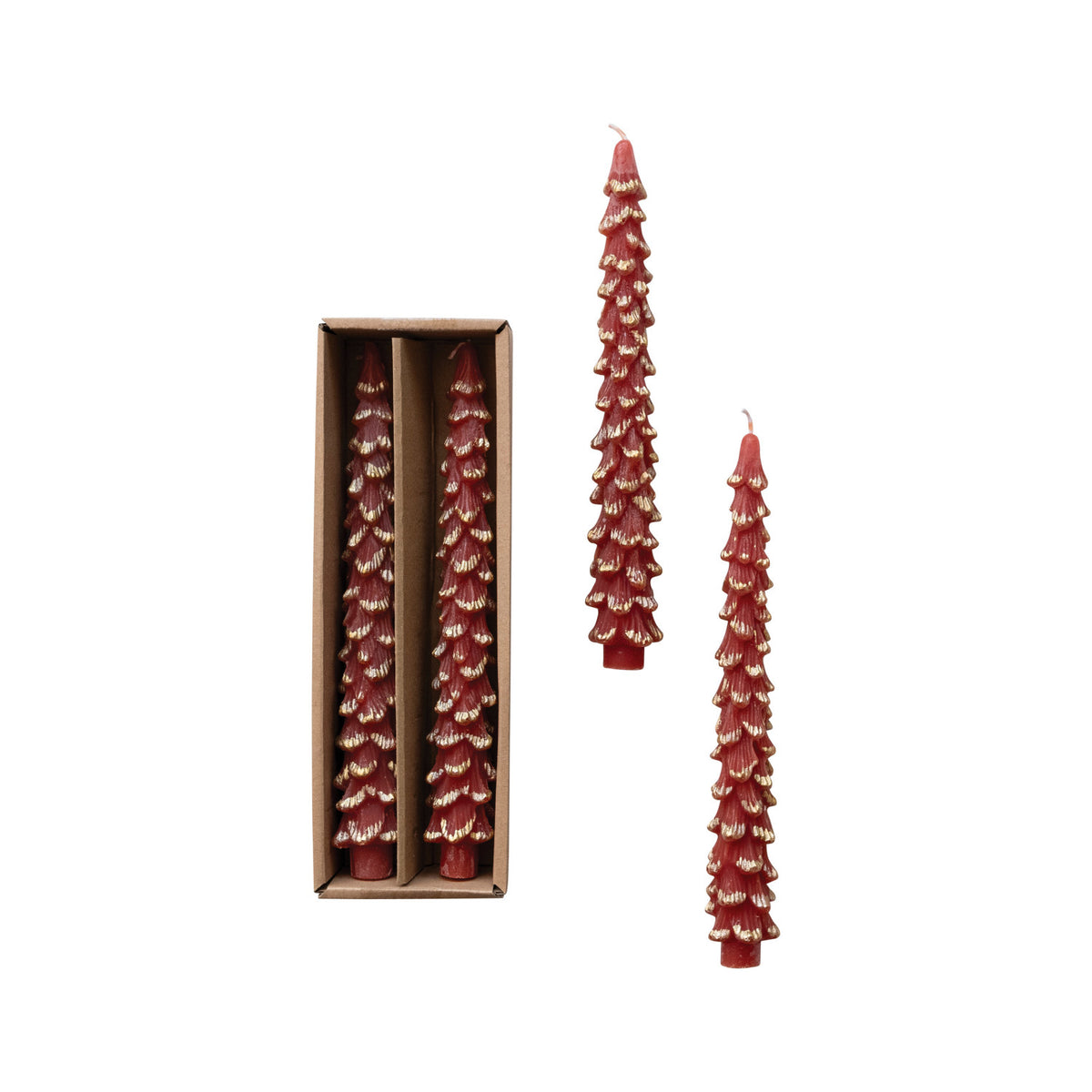 Unscented Tree Shaped Taper Candles w/ Gold Tips in Box, Red Color, Set of 2