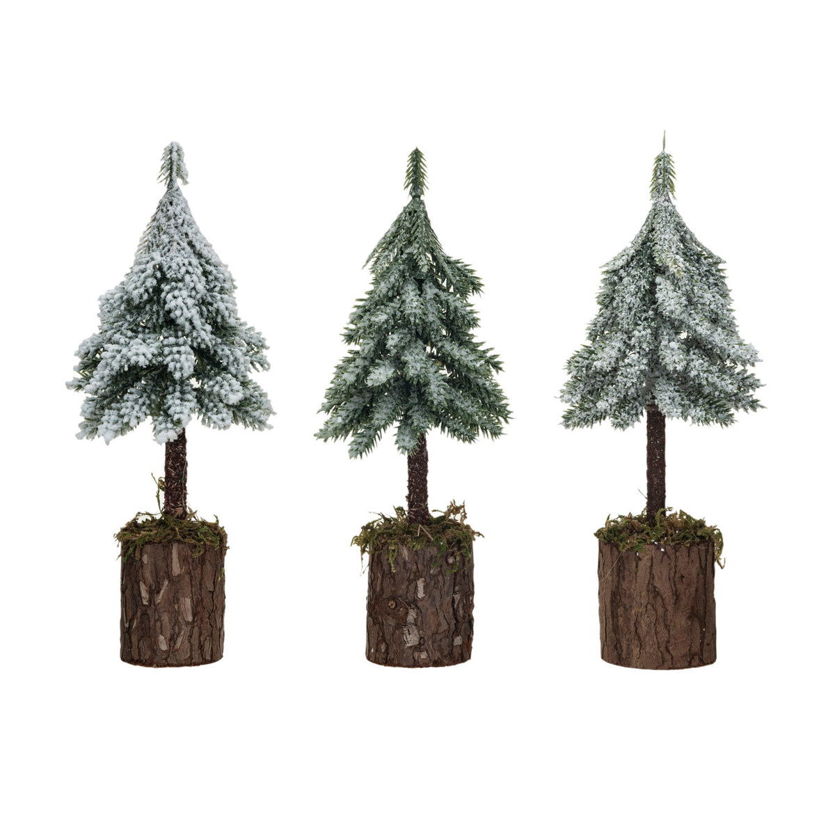 Faux Fir Tree w/ Wood & Moss Base, Snow/Frost Finish, Green