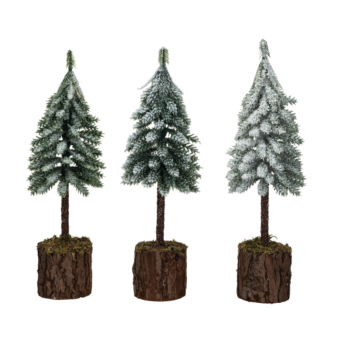 Faux Fir Tree w/ Wood & Moss Base, Snow/Frost Finish, Green