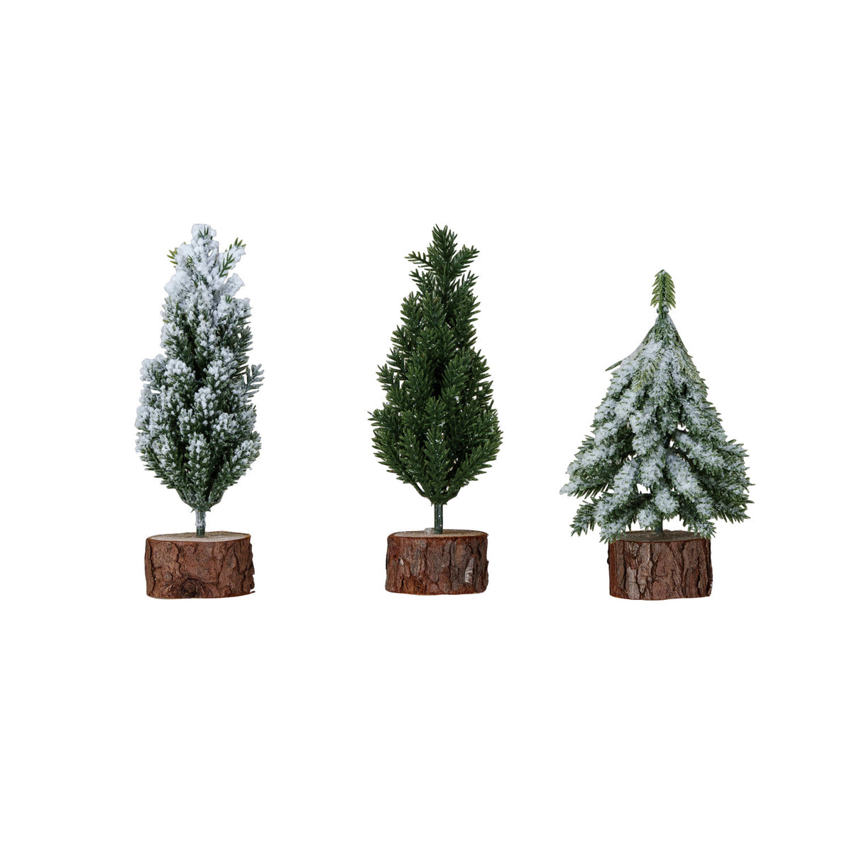 Faux Fir Tree w/ Wood Base, Snow Finish, Green