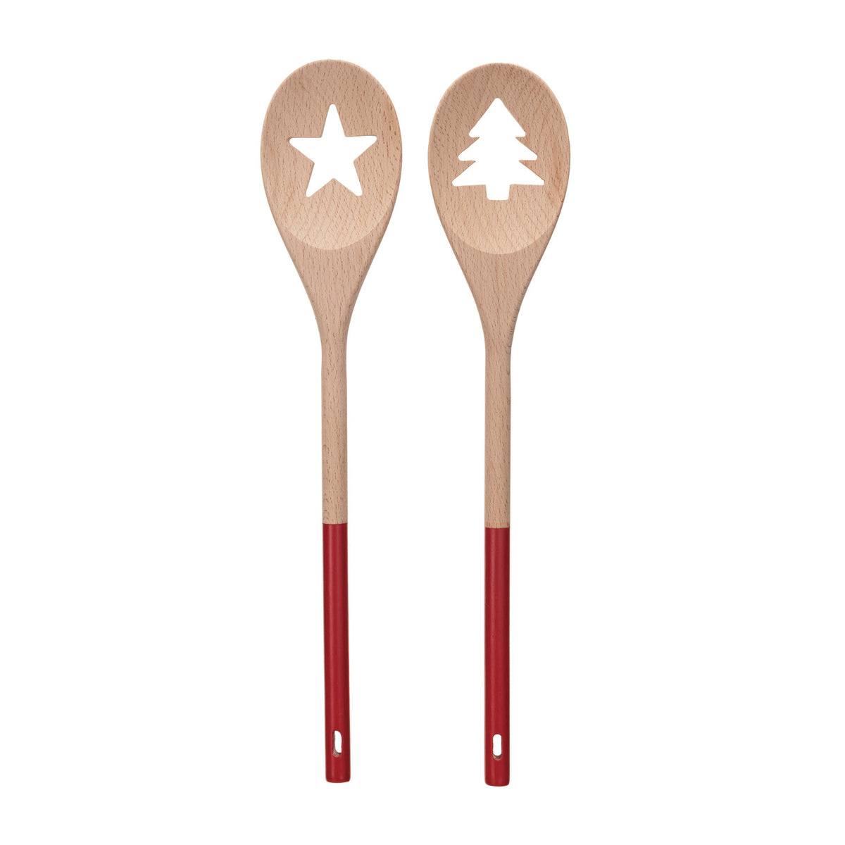 Acacia Wood Spoon w/ Tree/Star Cut-Out, Natural & Red