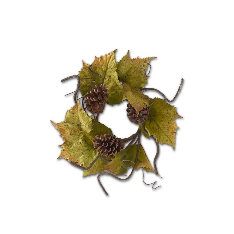 12 Inch Green & Orange Trim Grape Leaves Candle Ring