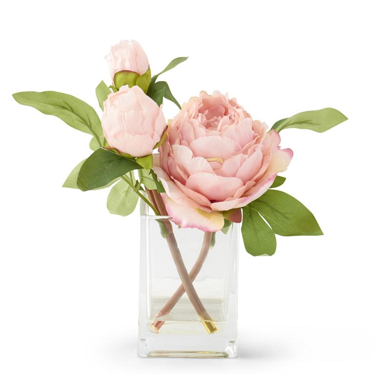 10 Inch Pink Peony Premade in Square Glass Pot