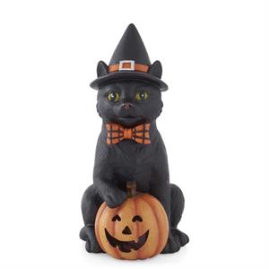 7.5" Black Cat w/Witch Hat & LED Jack O Lantern