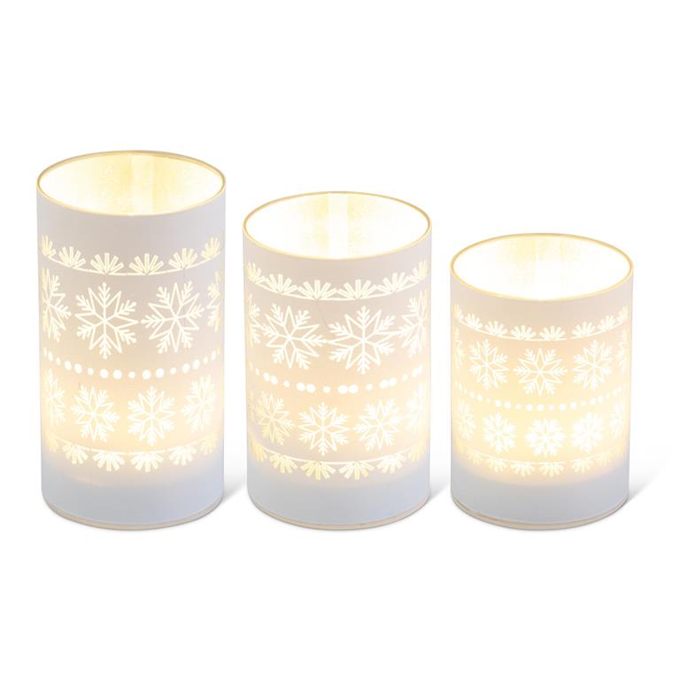 Matte White LED Glass Candles w/Snowflake