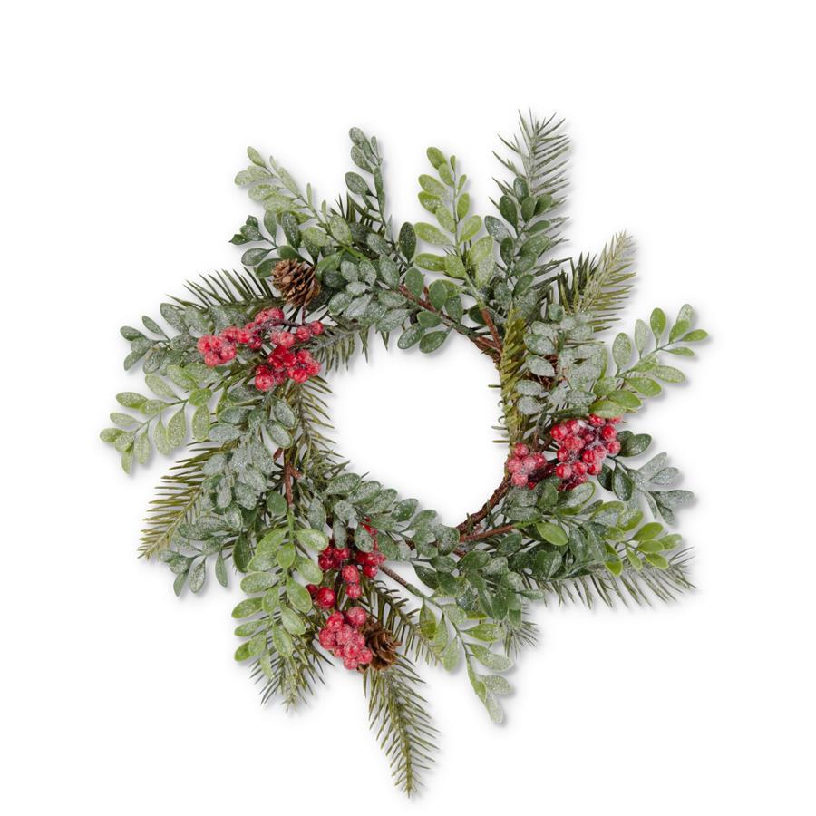 11 Inch Glittered Boxwood Berry Pinecone and Fir Candle Ring